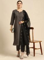 Chinon Black Casual Wear Embroidery Work Readymade Kurta Set